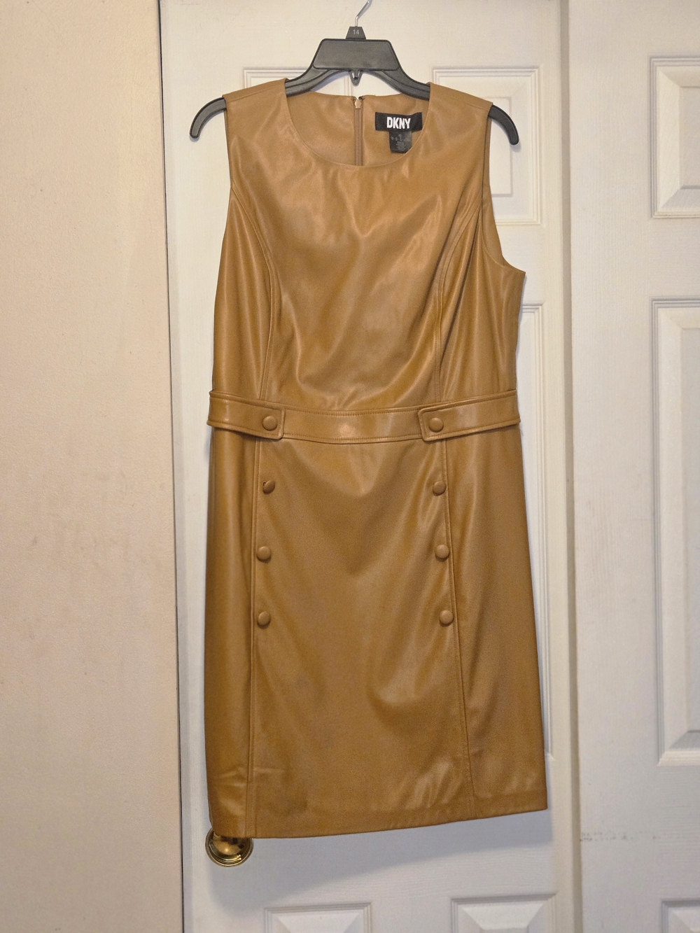 DKNY Camel Tan Faux-Leather Sleeveless Midi Sheath Dress
